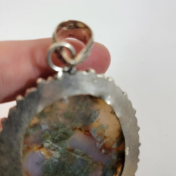Handmade Sterling Silver Pendant with Moss Agate Oval Cabochon Green Gemstone - Picture 6 of 10